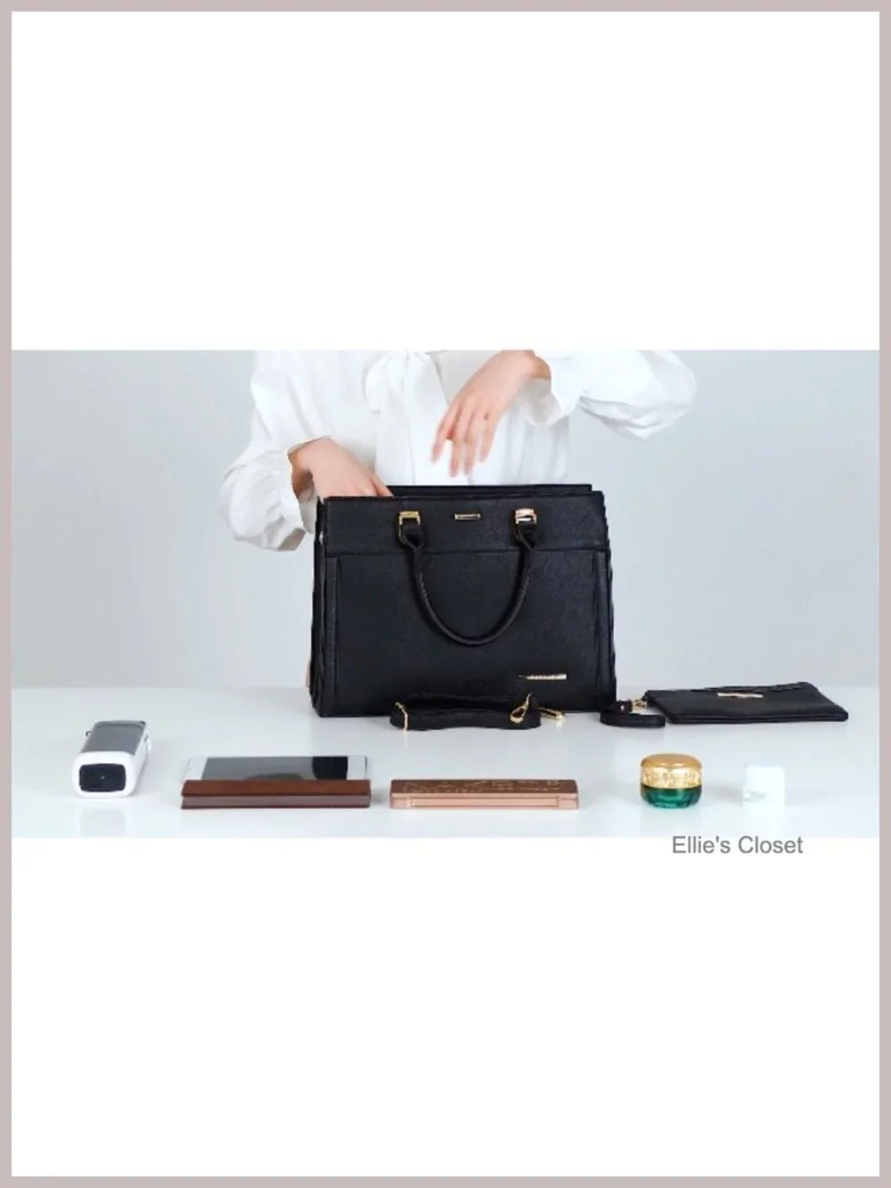 Faux Leather Belted Satchel Tote Bag with Wristlet, Work Travel Handbag